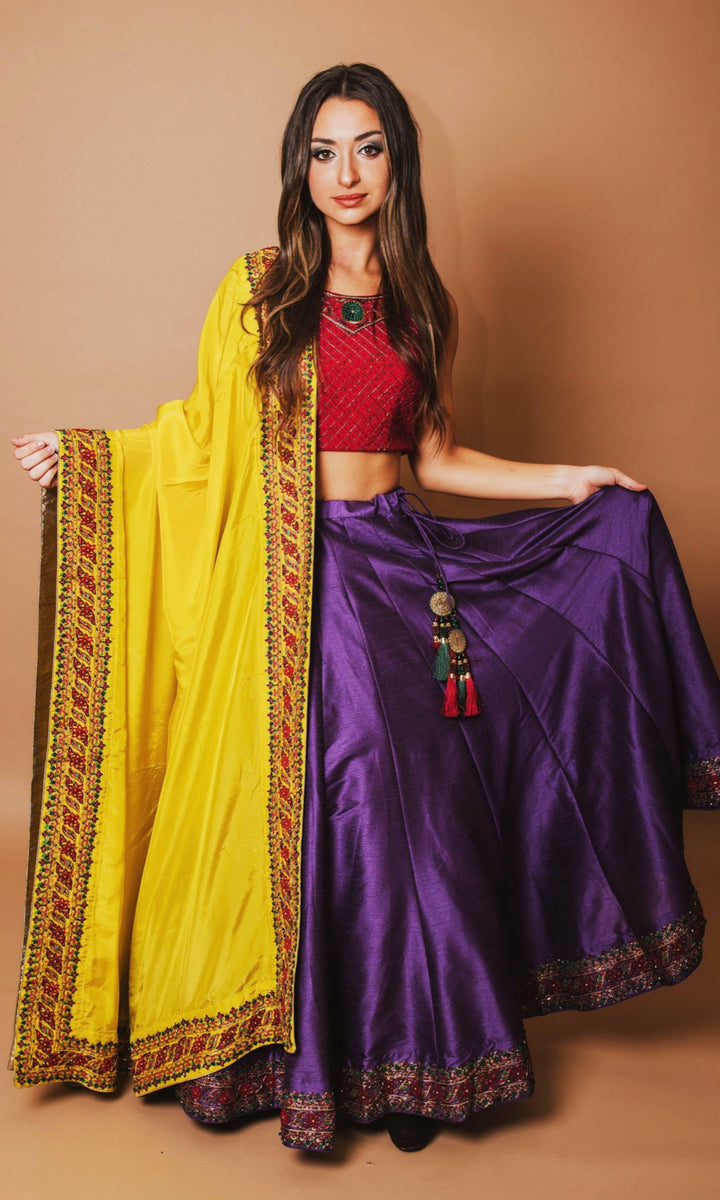 Purple and red Lehenga Choli Set with Yellow Dupatta-[haldi_outfit]-Raas