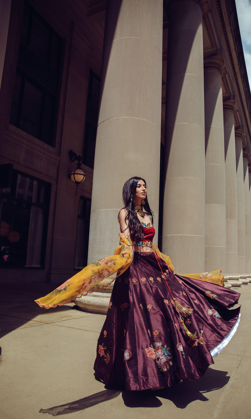 Red and Wine Floral Lehenga Choli Set-[comfort-first-design]-[lightweight]-Raas