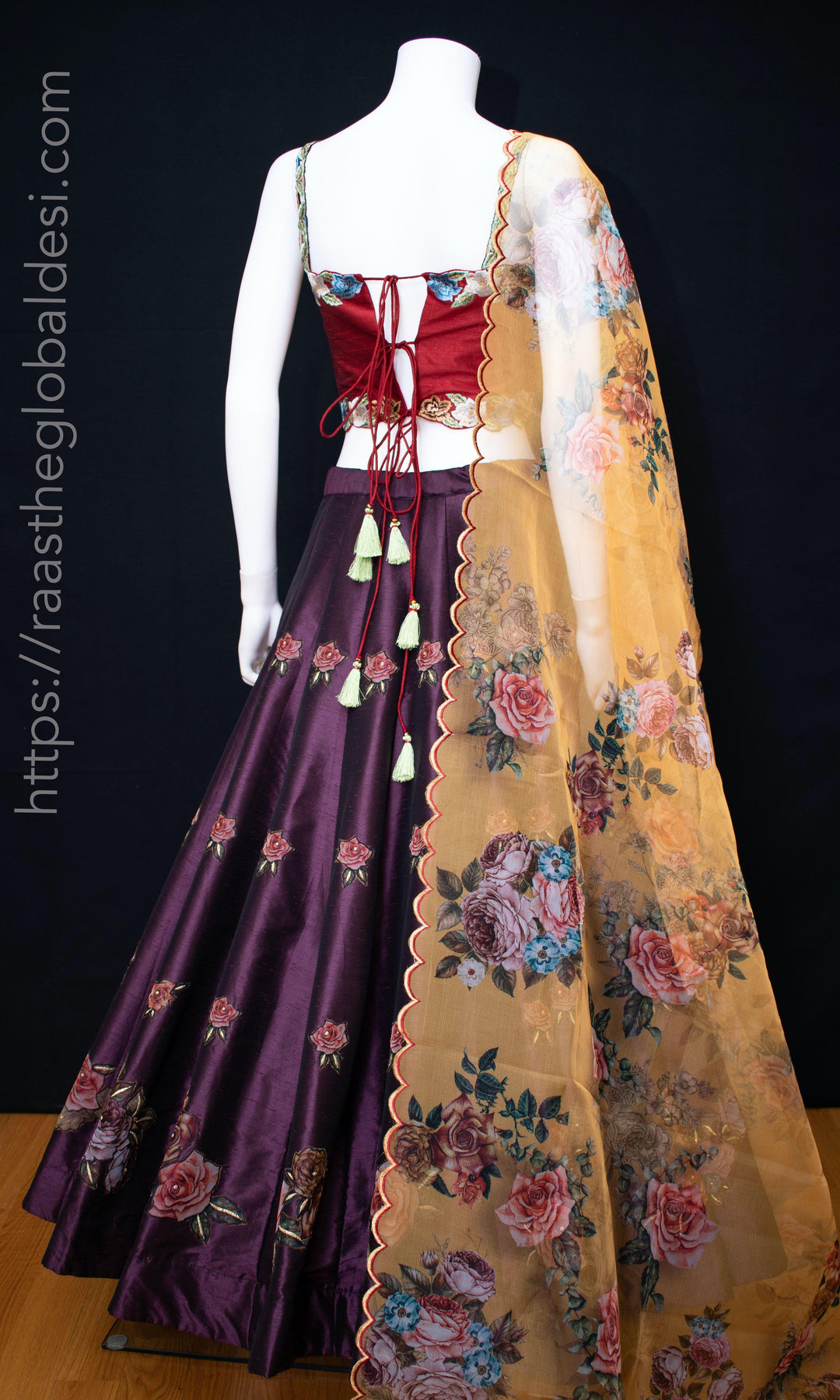 Red and Wine Floral Lehenga Choli Set-Raas USA