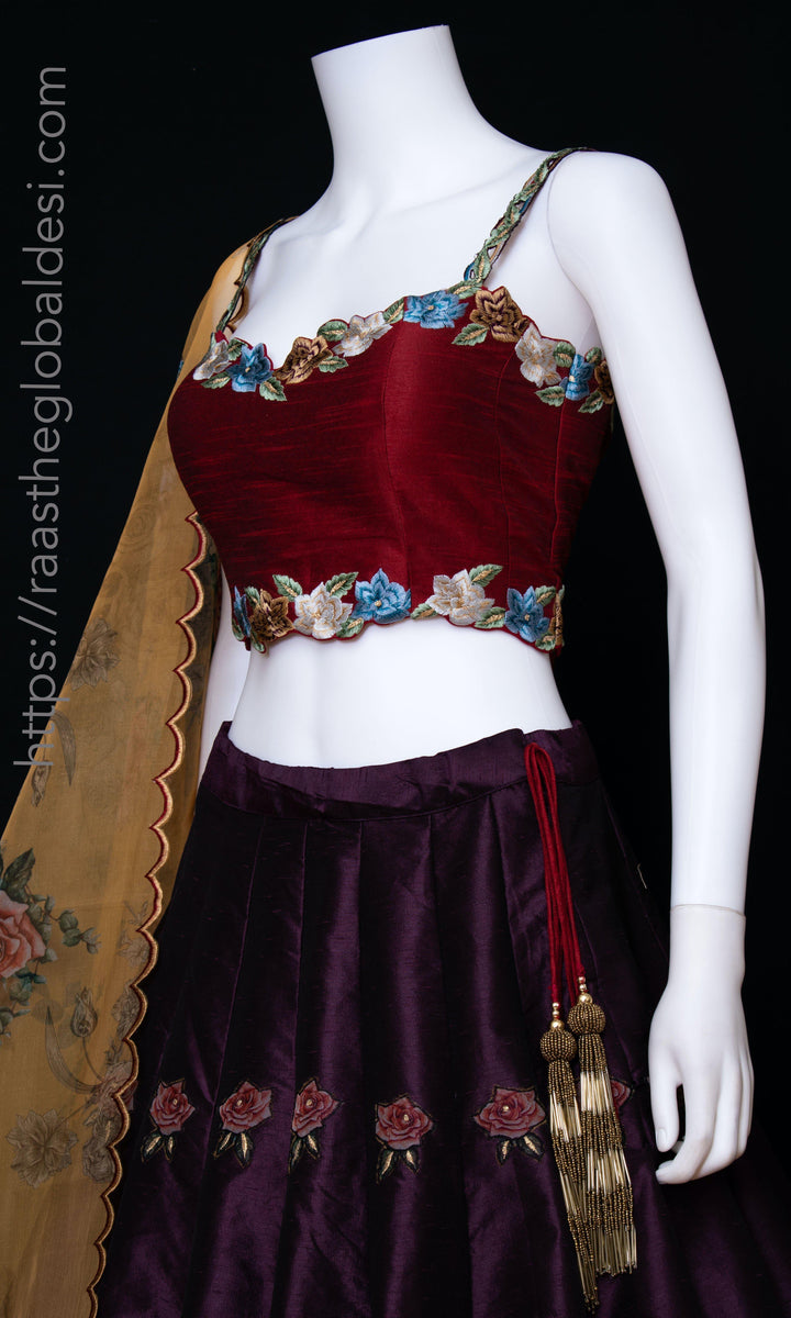 Red and Wine Floral Lehenga Choli Set-Raas USA