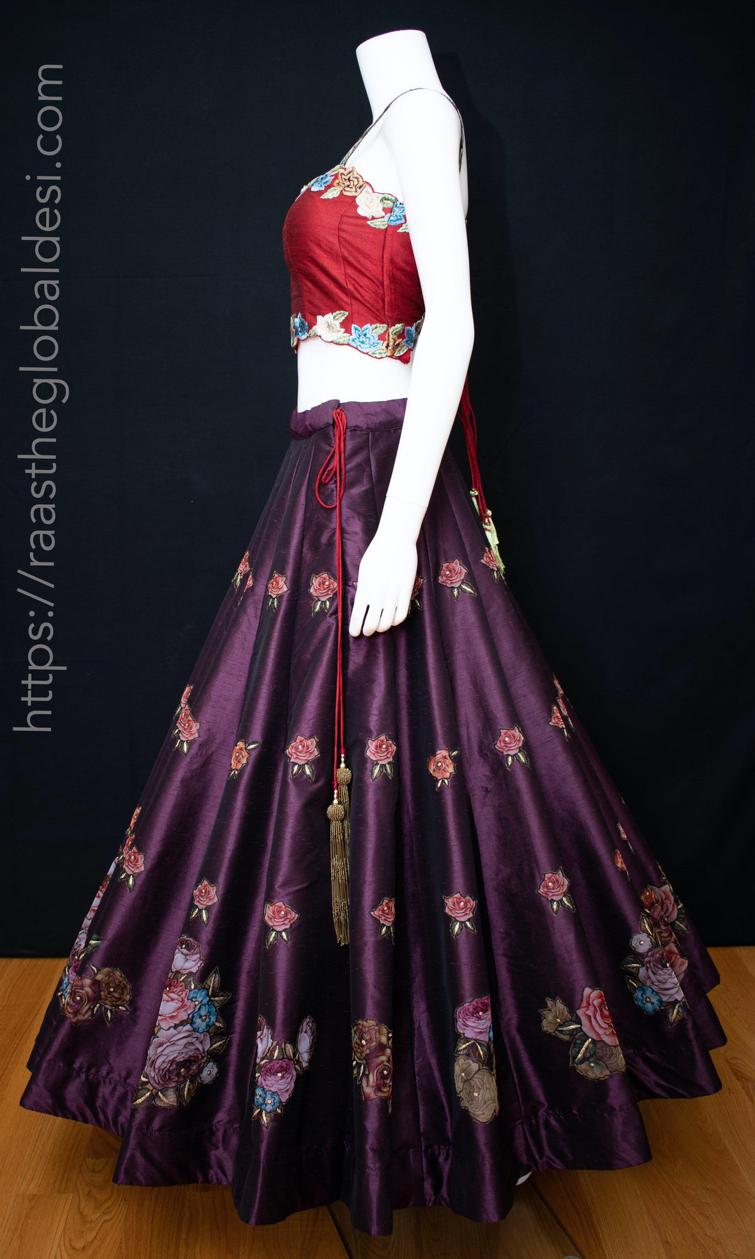 Red and Wine Floral Lehenga Choli Set-Raas USA
