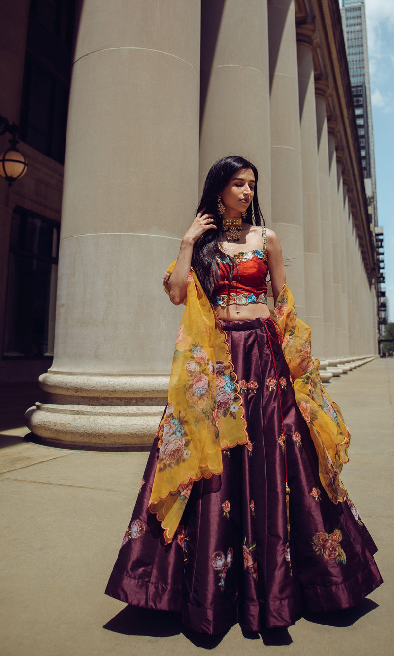 Red and Wine Floral Lehenga Choli Set-[comfort-first-design]-[lightweight]-Raas