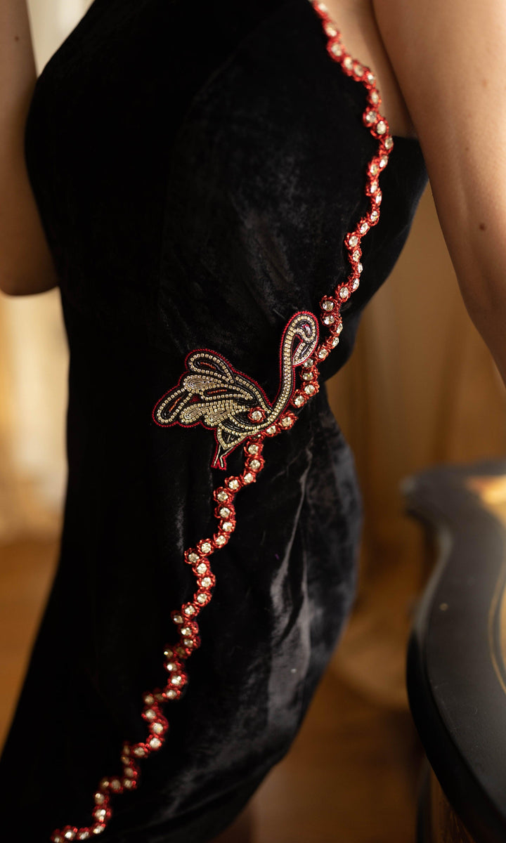 Regina Black Mini Dress with Hand Embroidery-Raas USA