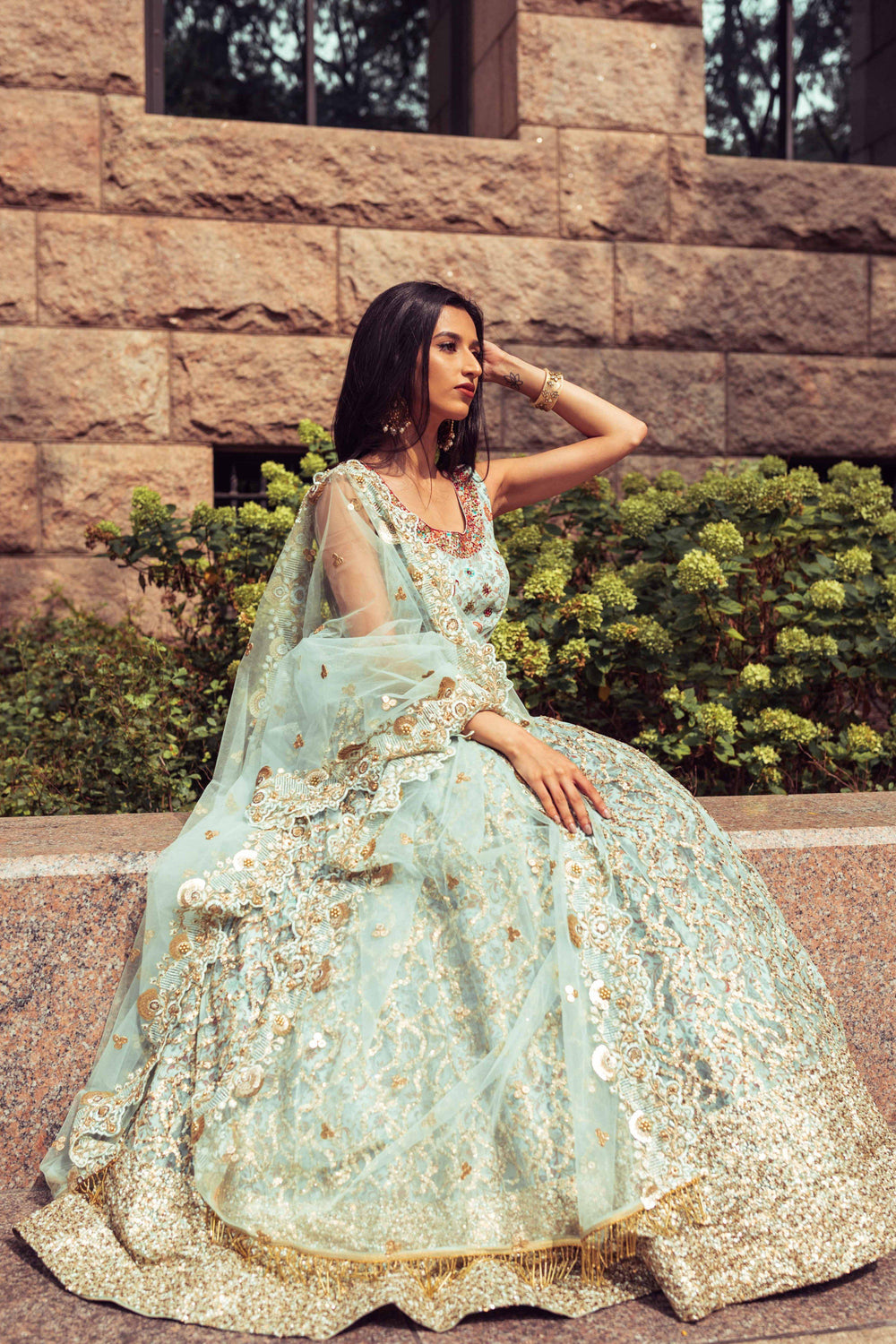 Sage Green Sequins Lehenga Choli with Sequins Embroidery-[mehendi outfit]-Raas
