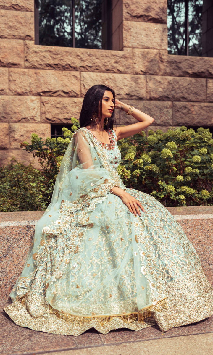 Sage Green Sequins Lehenga Choli with Sequins Embroidery-[mehendi outfit]-Raas
