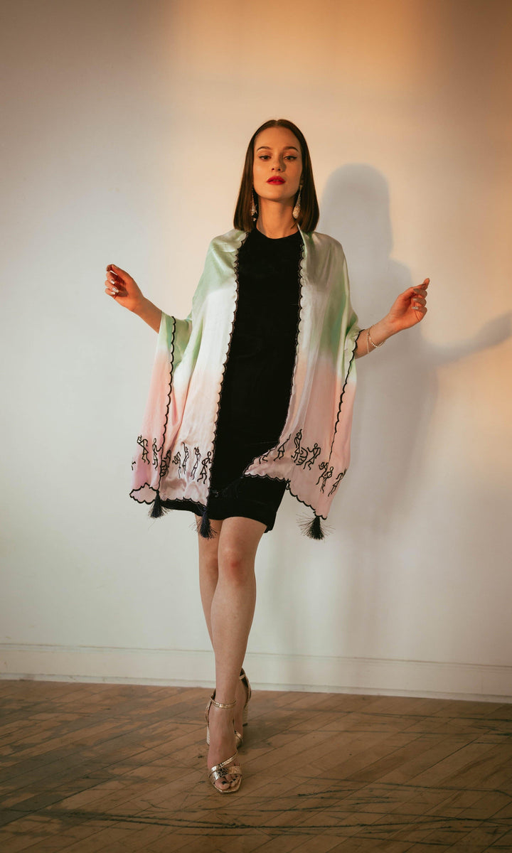 Sky Blue and Pink Varli Embroidered Shaded Scarf-Raas USA