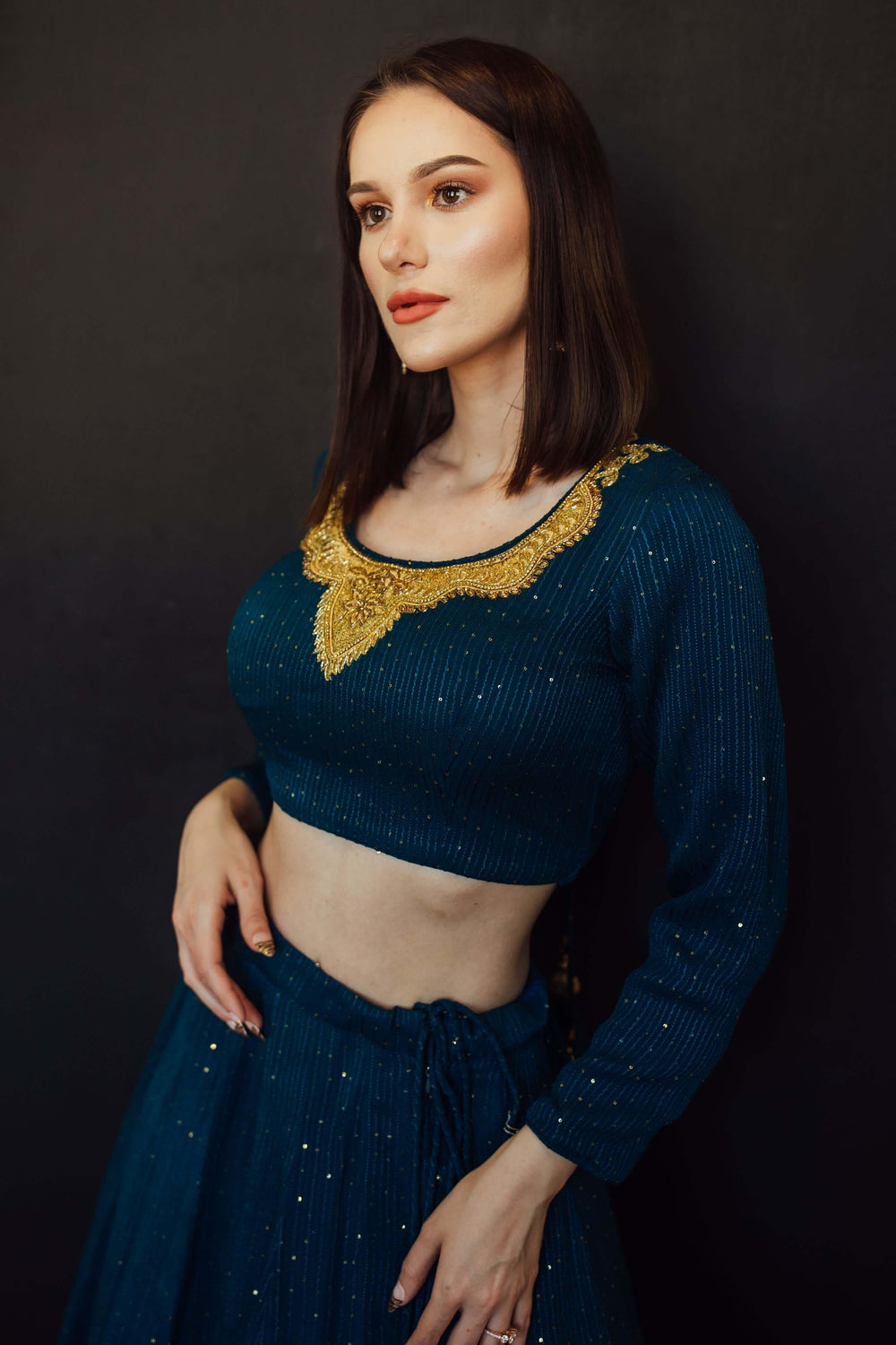 Teal Blue and Gold Full Sleeve Lehenga Choli Set Chaniya choli RAAS