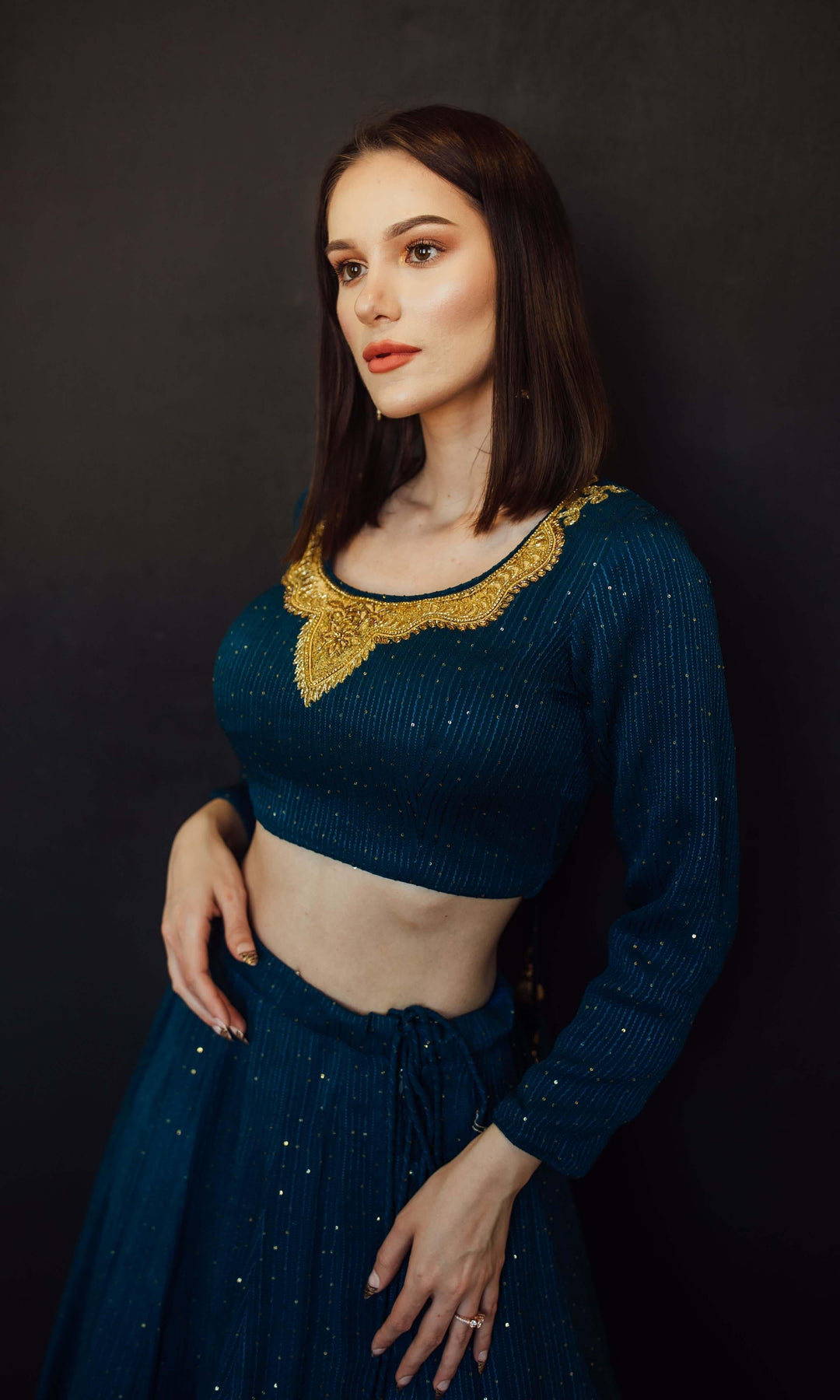 Teal Blue and Gold Full Sleeve Lehenga Choli Set Chaniya choli RAAS