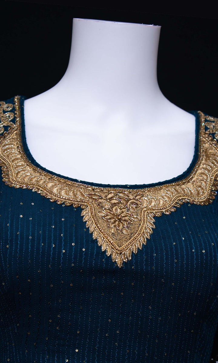 Teal Blue and Gold Full Sleeve Lehenga Choli Set-Raas USA