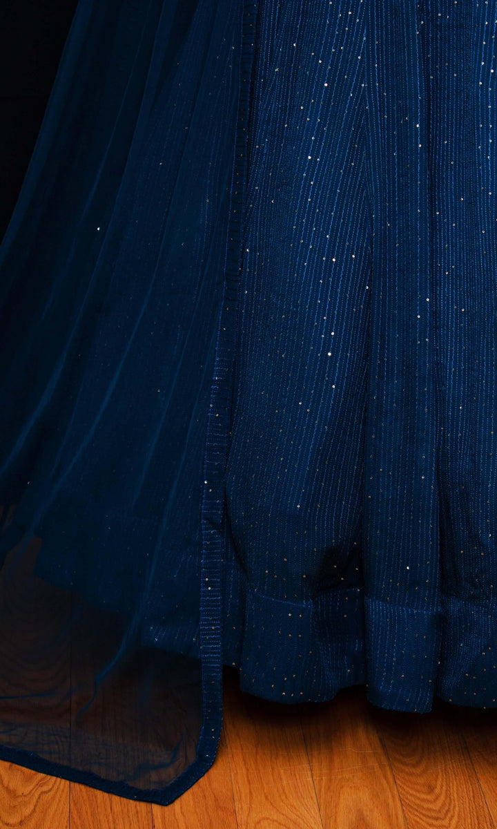 Teal Blue and Gold Full Sleeve Lehenga Choli Set-Raas USA