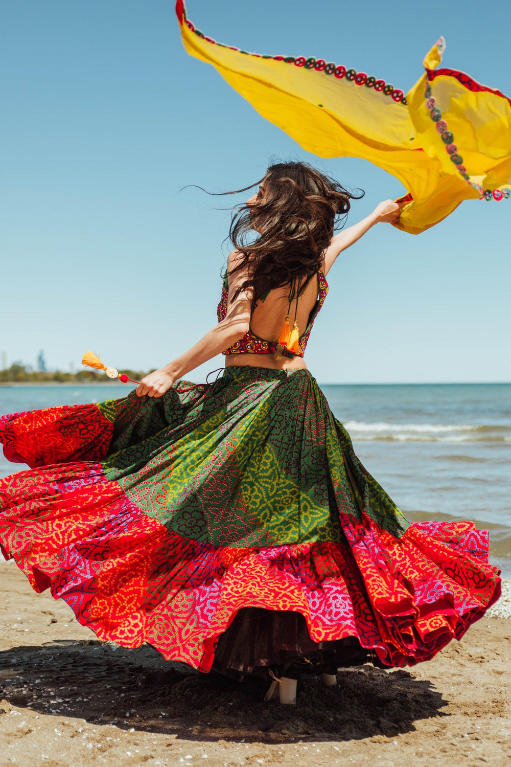 Tropical Full Flare Bandhej Chaniya Choli-[mirror work]-Raas