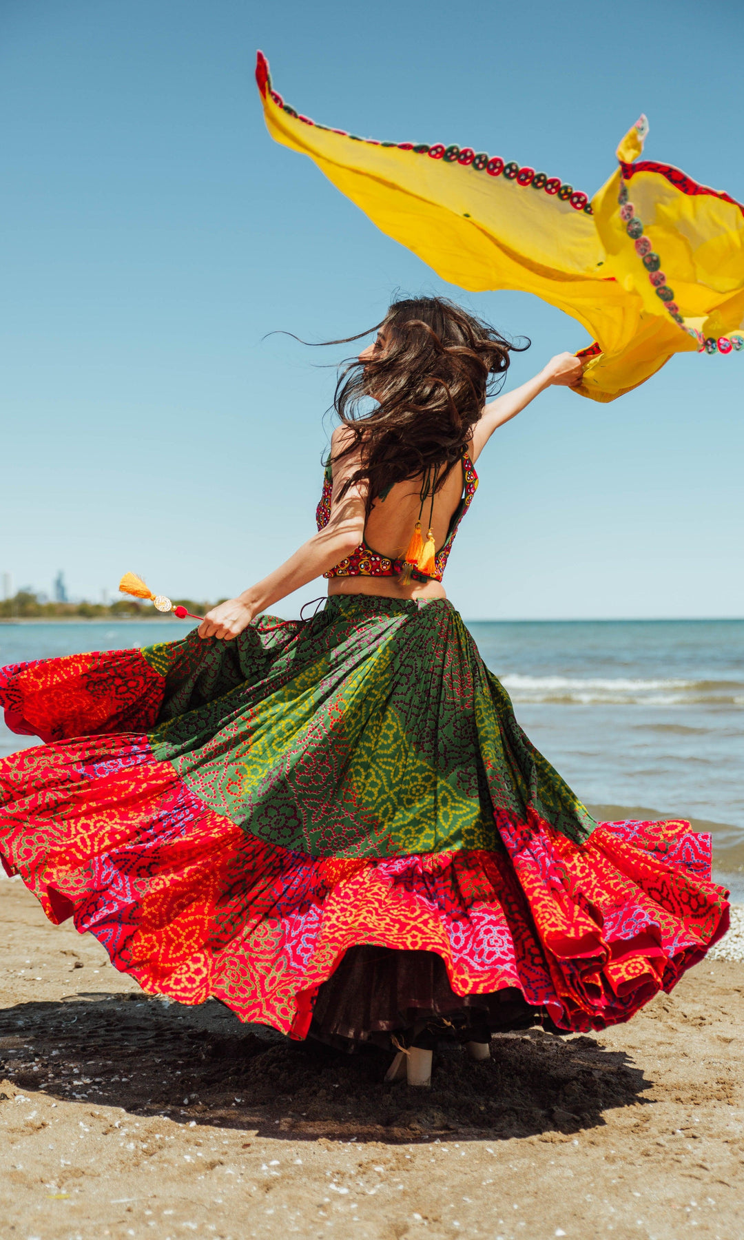 Tropical Full Flare Bandhej Chaniya Choli-[mirror work]-Raas