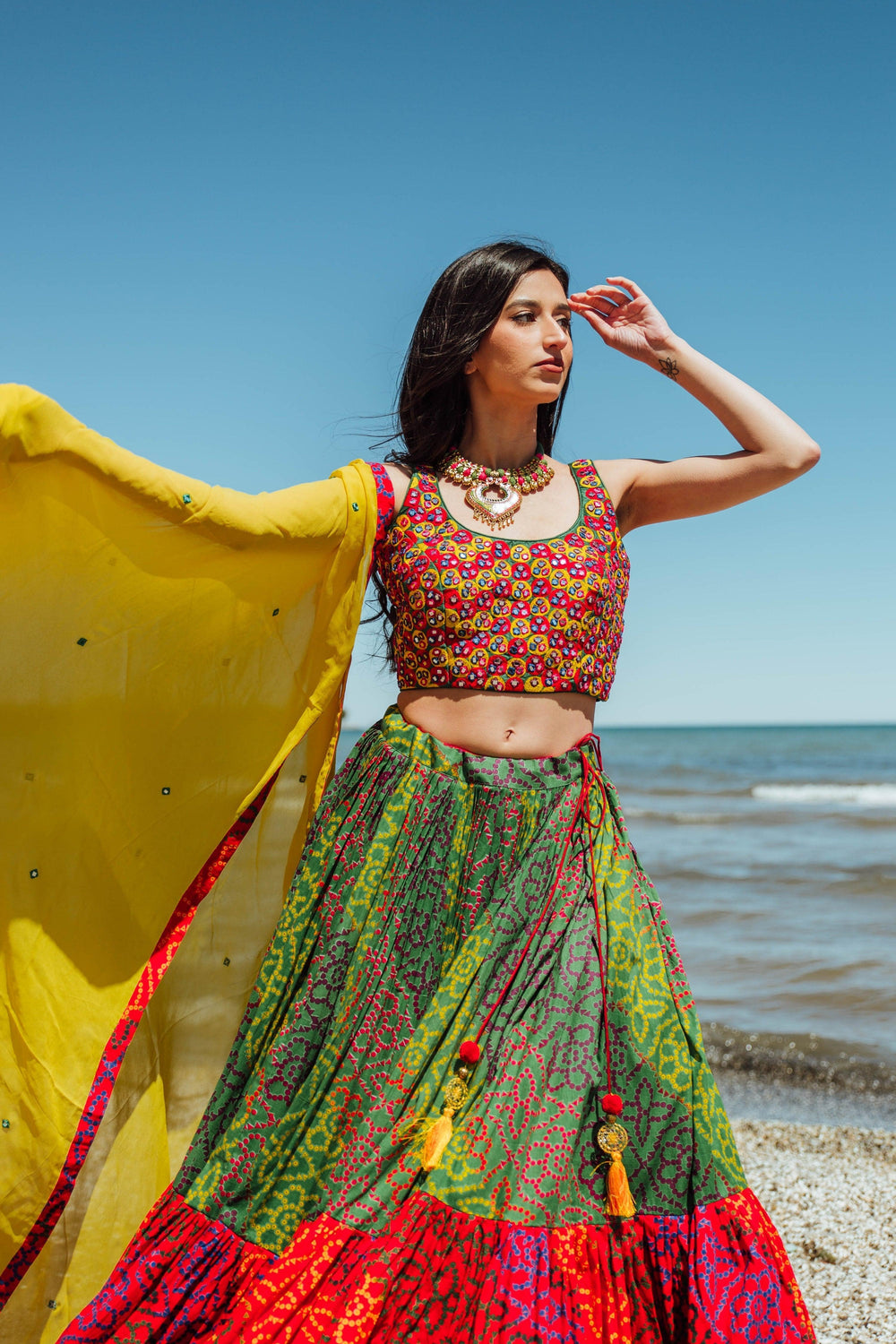 Tropical Full Flare Bandhej Chaniya Choli-[mirror work]-Raas