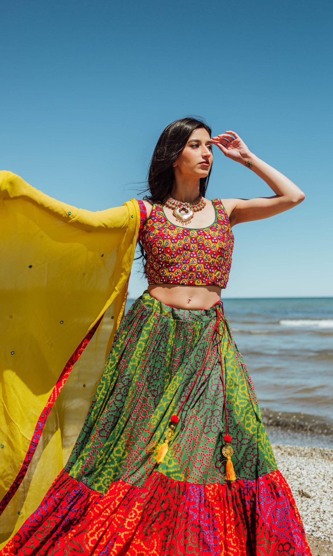 Tropical Full Flare Bandhej Chaniya Choli-[mirror work]-Raas