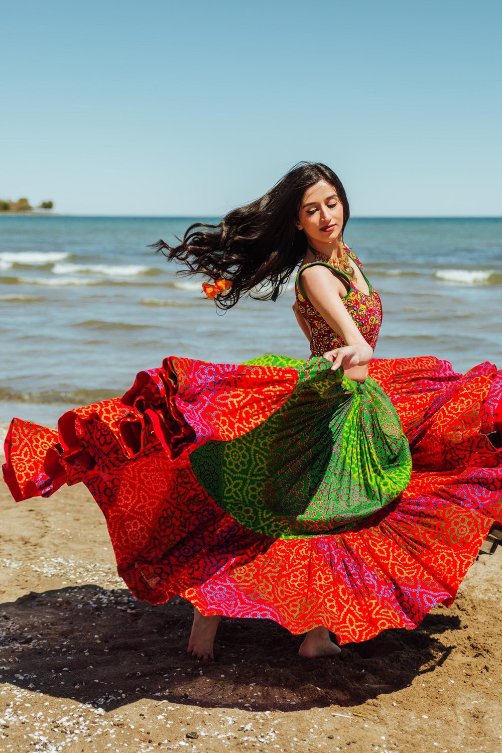 Tropical Full Flare Bandhej Chaniya Choli-[mirror work]-Raas