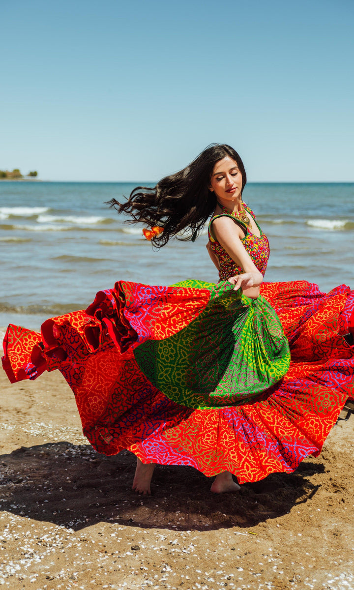 Tropical Full Flare Bandhej Chaniya Choli-[mirror work]-Raas