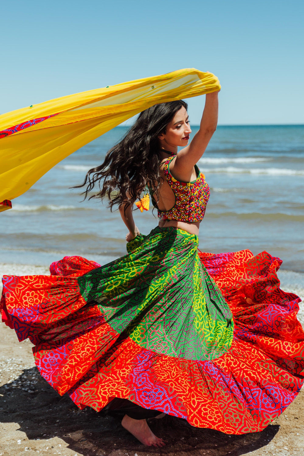 Tropical Full Flare Bandhej Chaniya Choli-[mirror work]-Raas