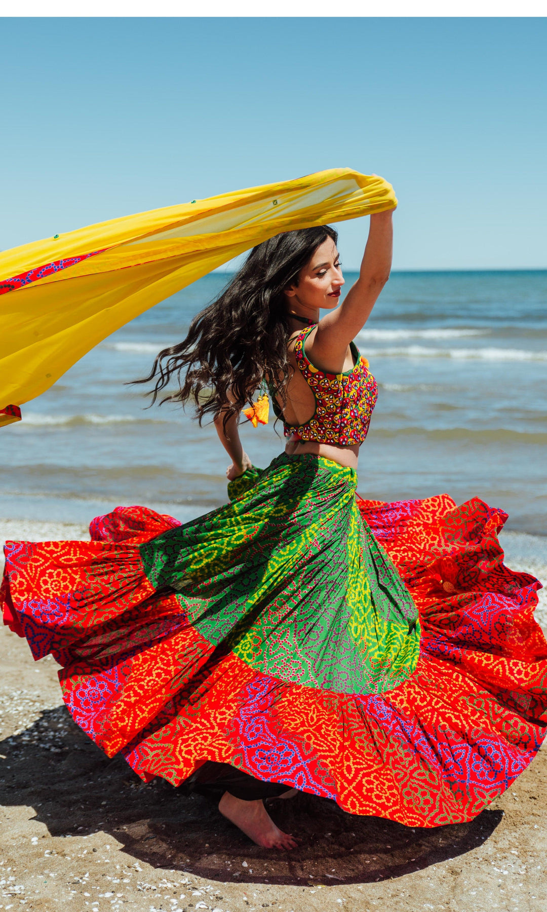 Tropical Full Flare Bandhej Chaniya Choli-[mirror work]-Raas