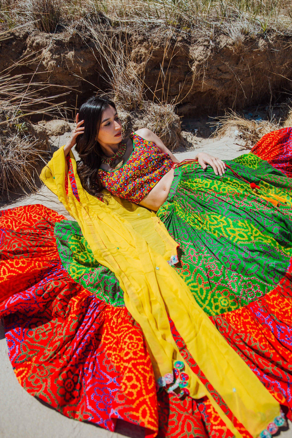 Tropical Full Flare Bandhej Chaniya Choli-[mirror work]-Raas