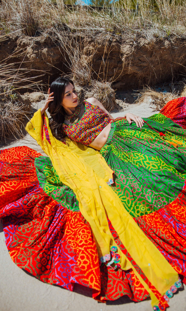 Tropical Full Flare Bandhej Chaniya Choli-[mirror work]-Raas