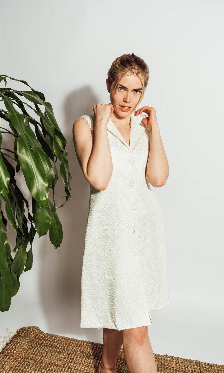 White Blazer Dress with Self-Thread Embroidery-Raas USA