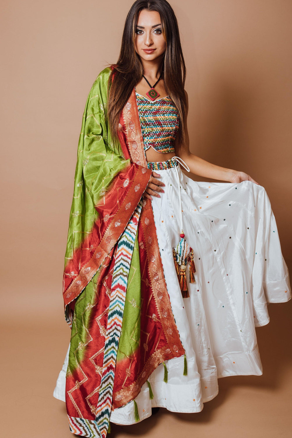 White Chaniya Choli Set with Mirror Work-[comfort-first-design]-[lightweight]-Raas