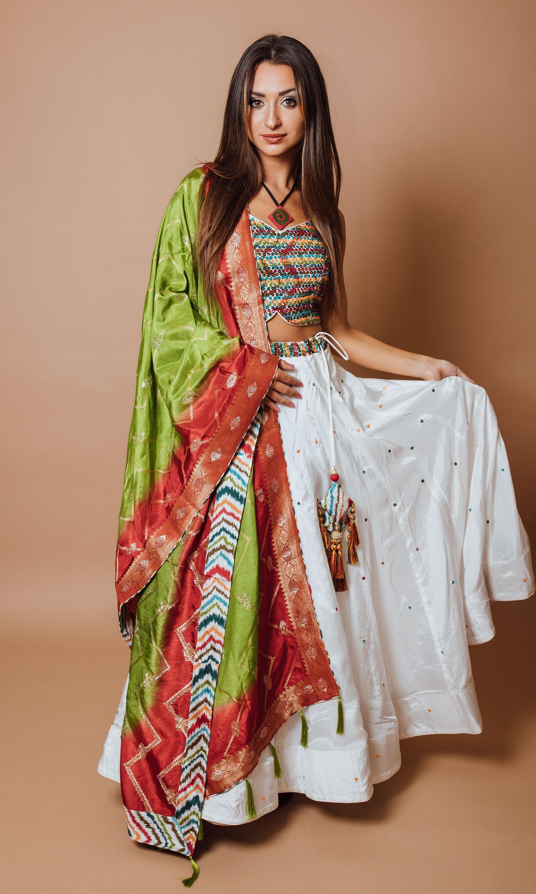 White Chaniya Choli Set with Mirror Work-Raas USA