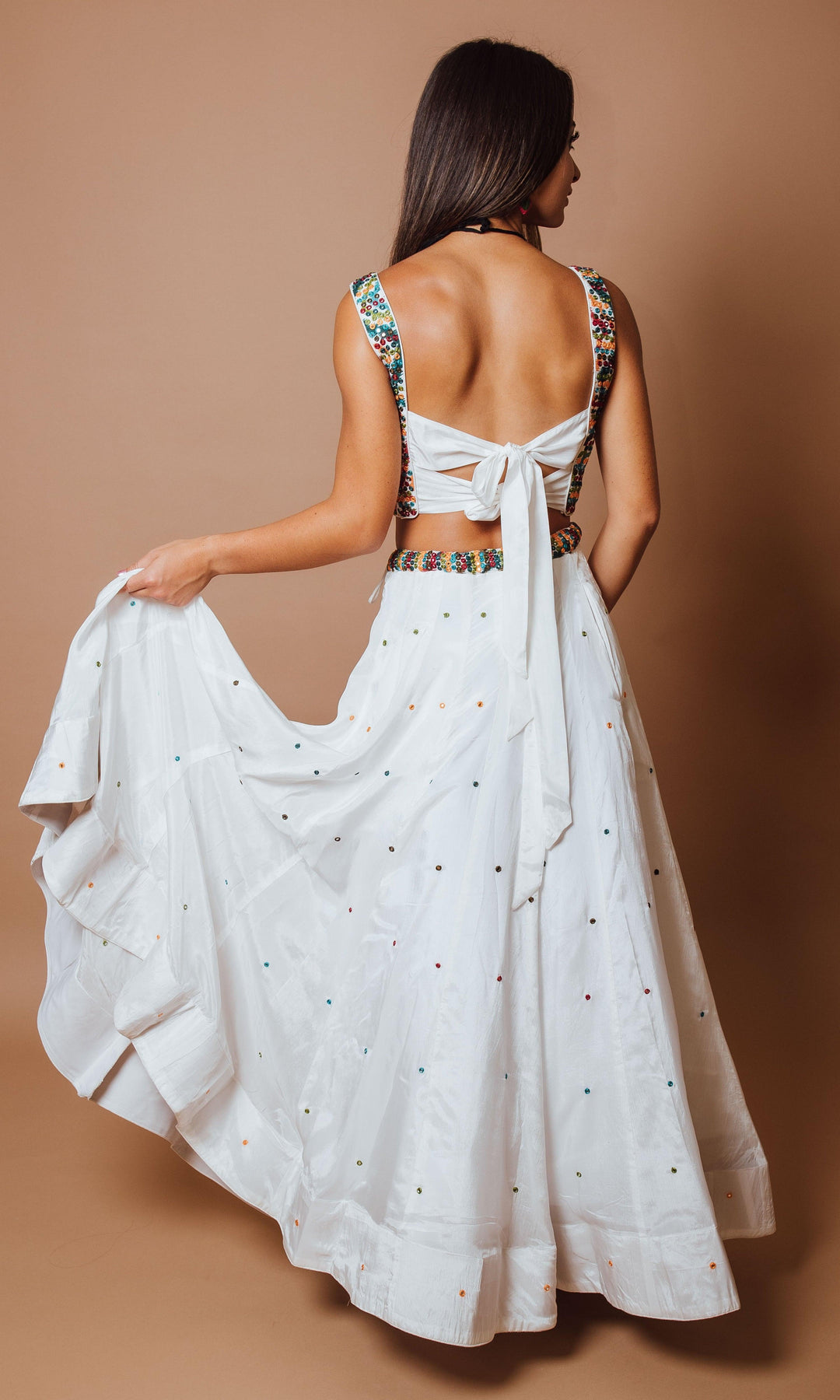 White Chaniya Choli Set with Mirror Work-Raas USA