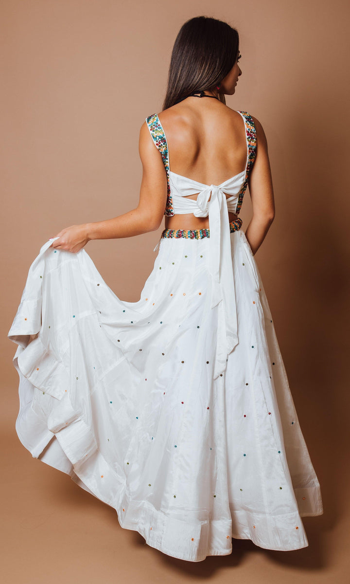 White Chaniya Choli Set with Mirror Work-Raas USA