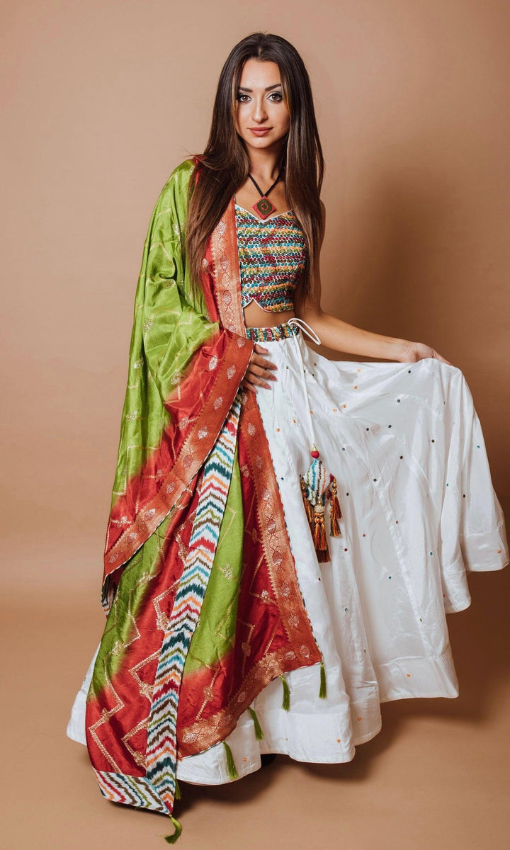 White Chaniya Choli Set with Mirror Work-Raas USA