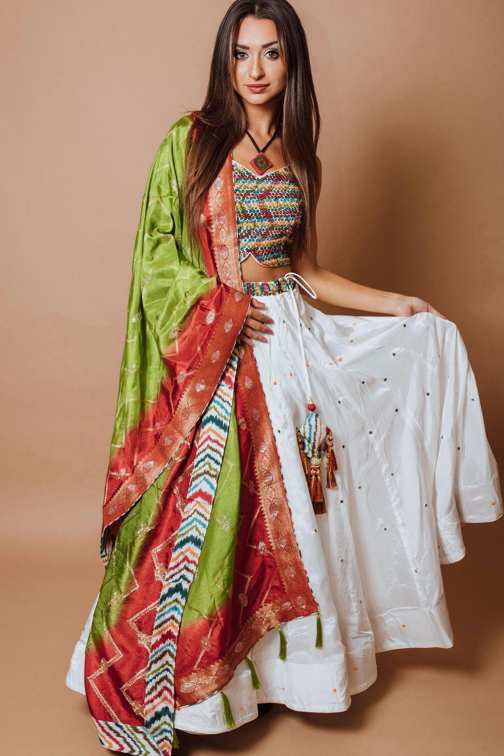 White Chaniya Choli Set with Mirror Work-[comfort-first-design]-[lightweight]-Raas
