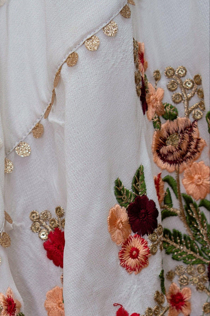 White Print Plunge Neckline Gown-Raas USA