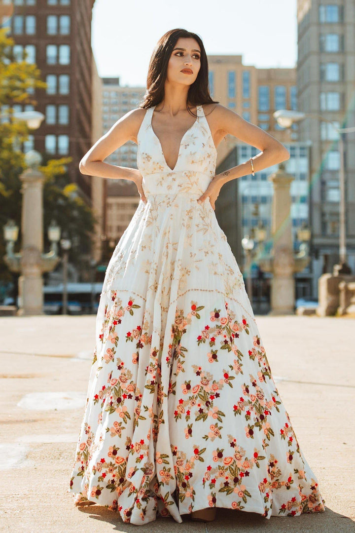 White Print Plunge Neckline Gown-Raas USA