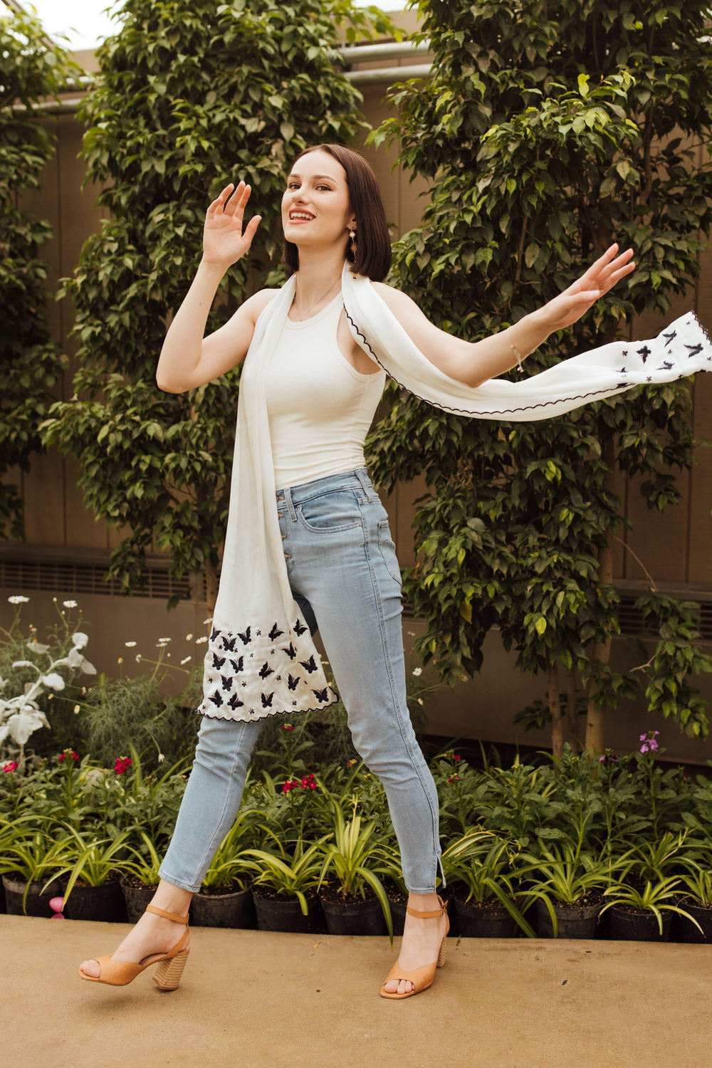 White Silk Embroidered Scarf scarves & stoles RAAS