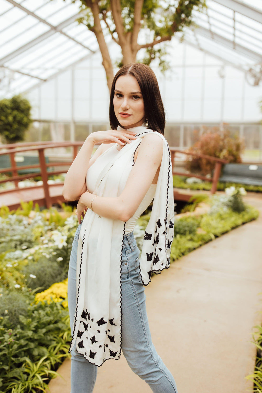 White Silk Embroidered Scarf scarves & stoles RAAS