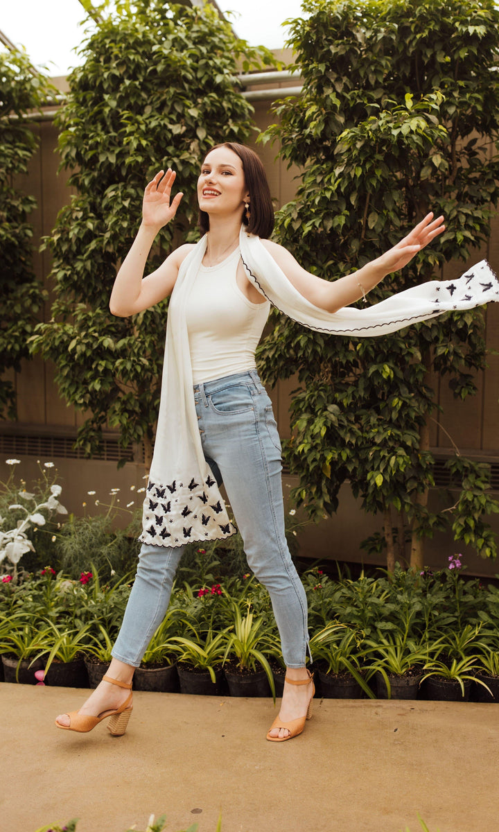 White Silk Embroidered Scarf-Raas USA