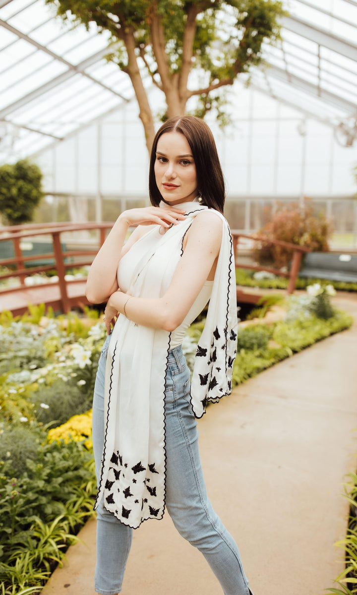 White Silk Embroidered Scarf-Raas USA