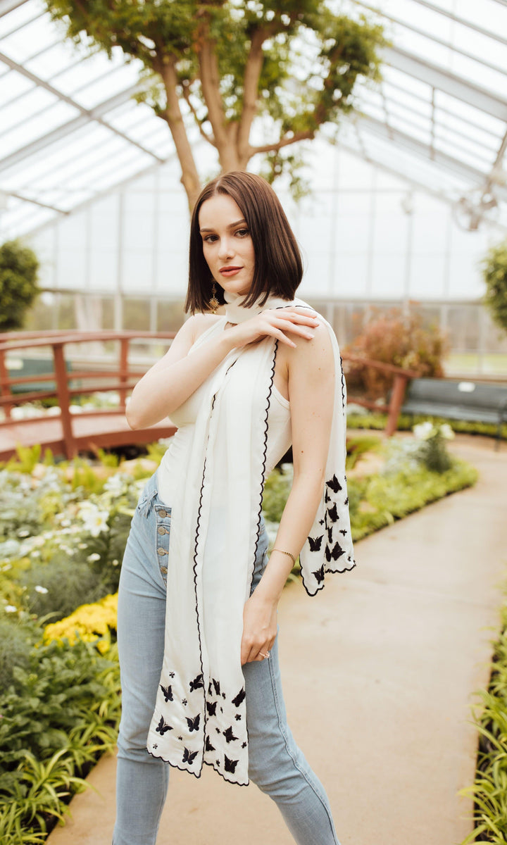 White Silk Embroidered Scarf-Raas USA