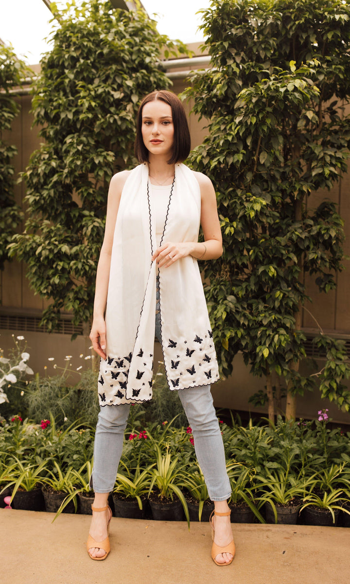 White Silk Embroidered Scarf-Raas USA