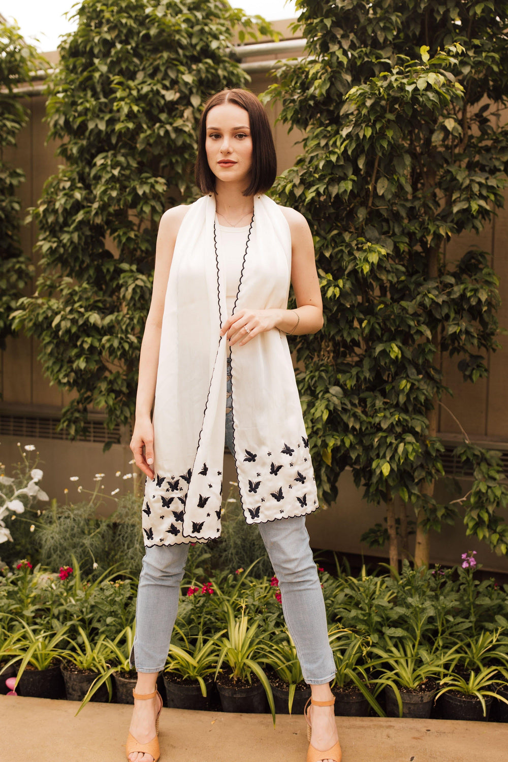 White Silk Embroidered Scarf scarves & stoles RAAS