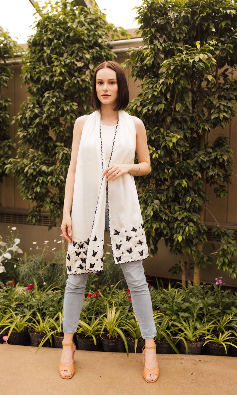 White Silk Embroidered Scarf scarves & stoles RAAS
