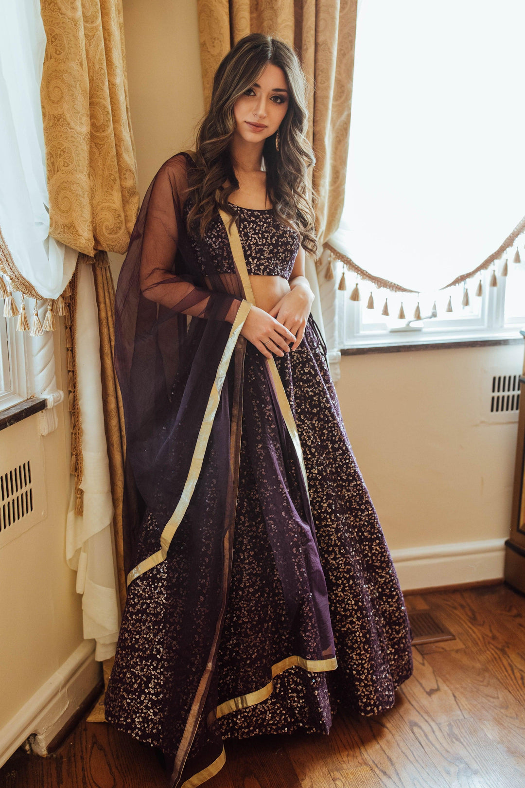 Wine Sequins Lehenga Choli Set-[bridal_lehenga]-Raas