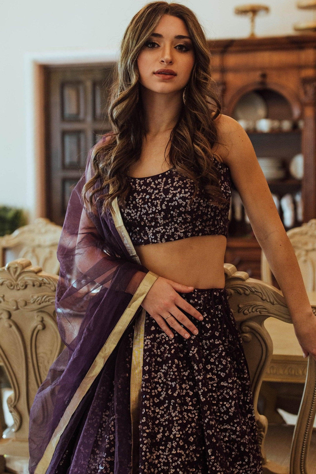 Wine Sequins Lehenga Choli Set-[bridal_lehenga]-Raas