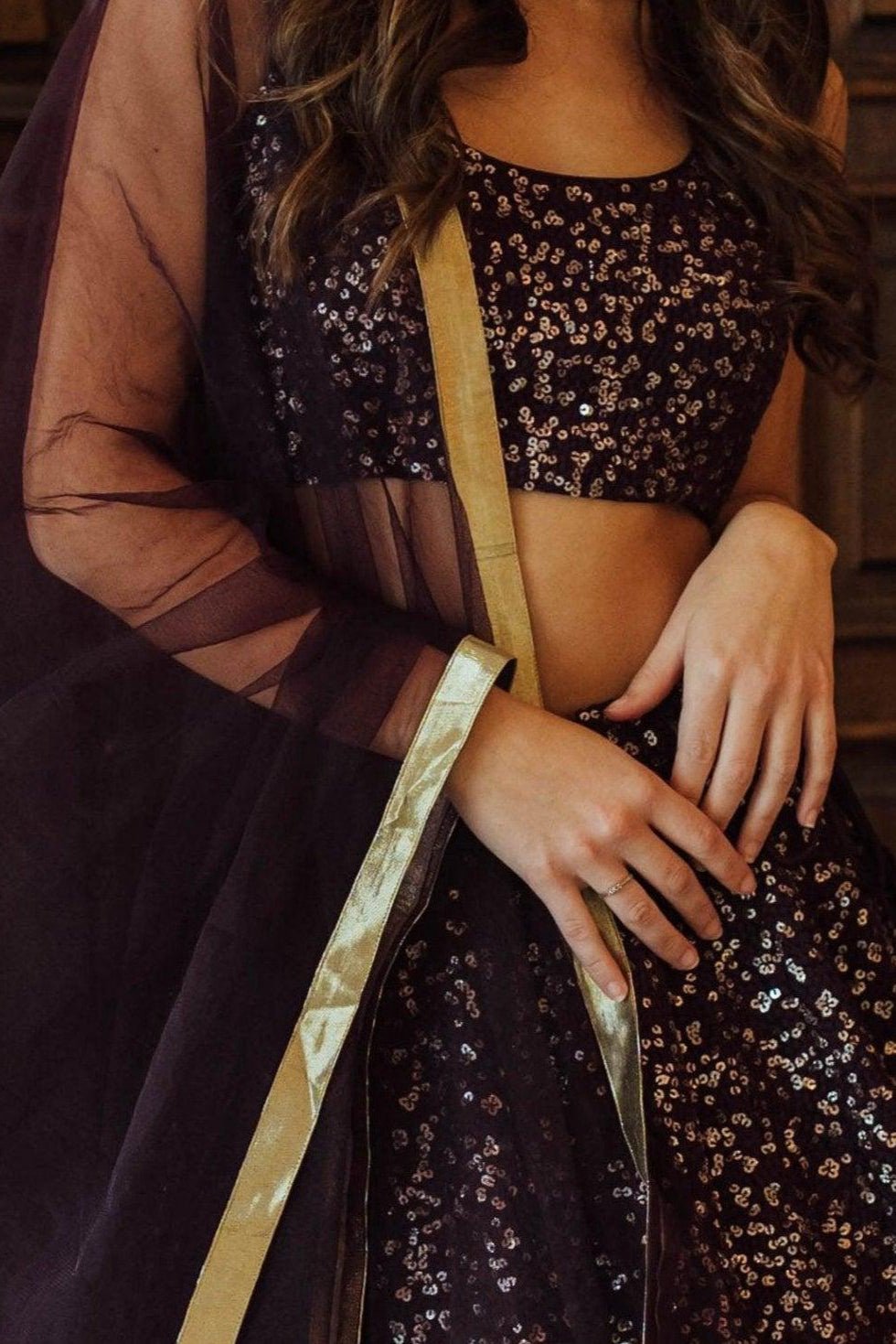 Wine Sequins Lehenga Choli Set-[bridal_lehenga]-Raas