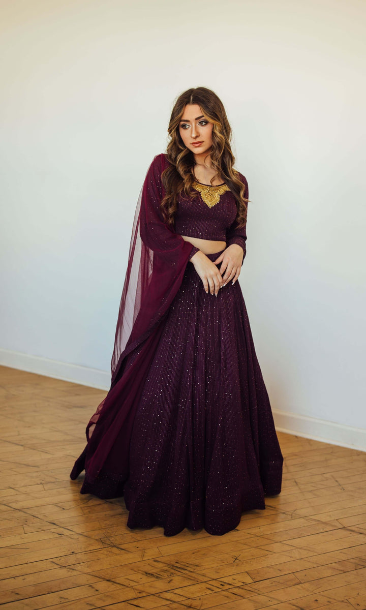 Wine and Gold Full Sleeve Lehenga Choli Set-Raas USA