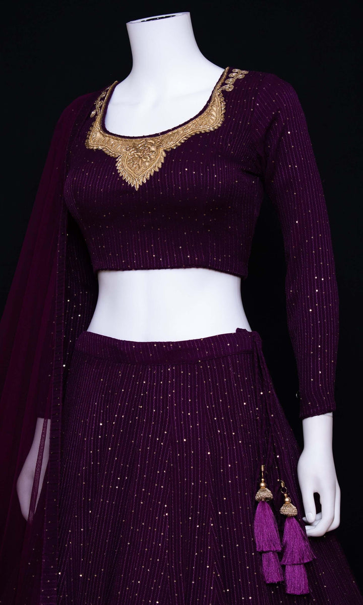 Wine and Gold Full Sleeve Lehenga Choli Set-Raas USA