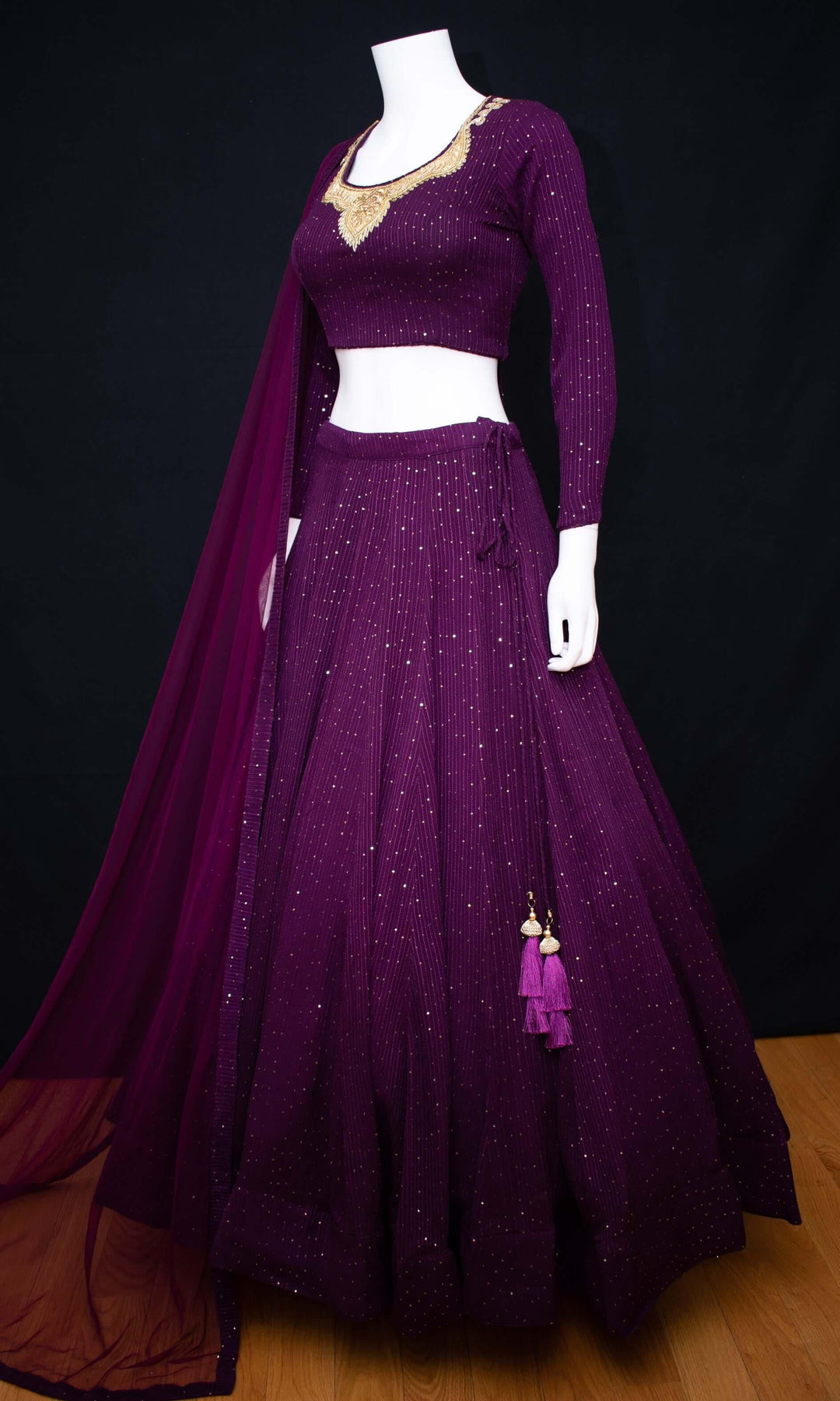 Wine and Gold Full Sleeve Lehenga Choli Set-Raas USA