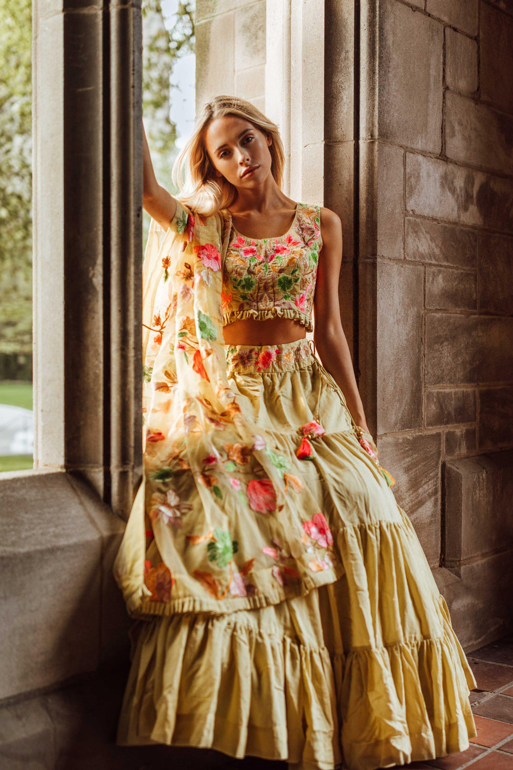 Yellow Floral Embroidered Lehenga Choli Set-[mehendi outfit]-Raas