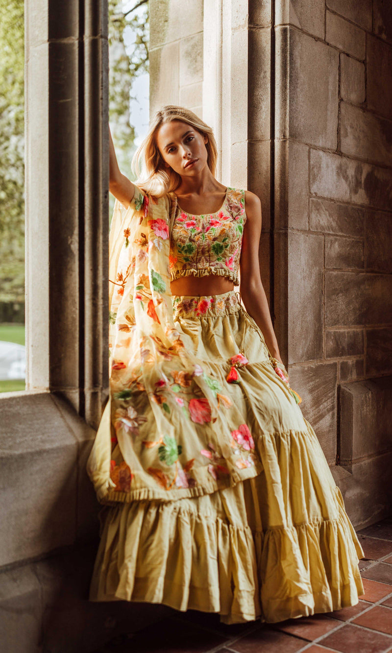 Yellow Floral Embroidered Lehenga Choli Set-[mehendi outfit]-Raas