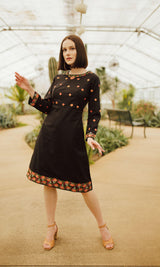 Black Cotton Midi Dress with Embroidery - dresses